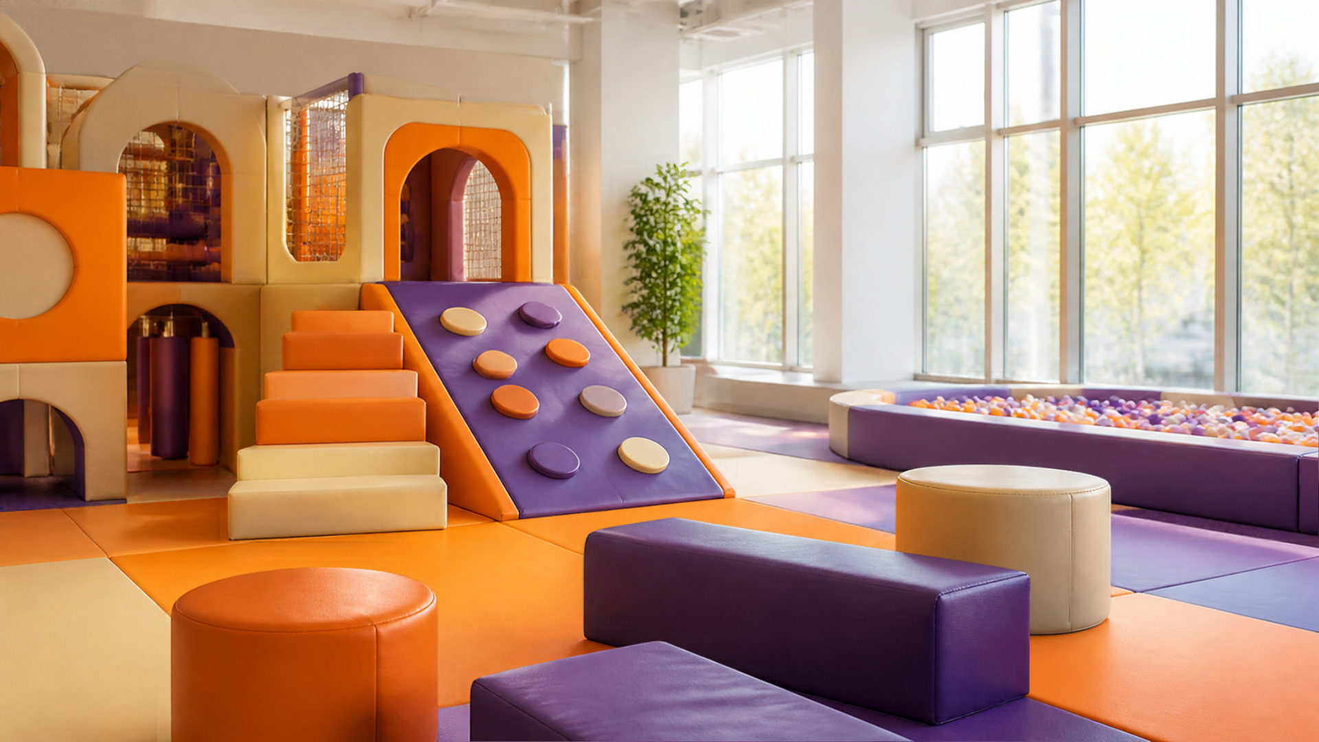 A bright empty soft play area with foam shapes and a ball pit